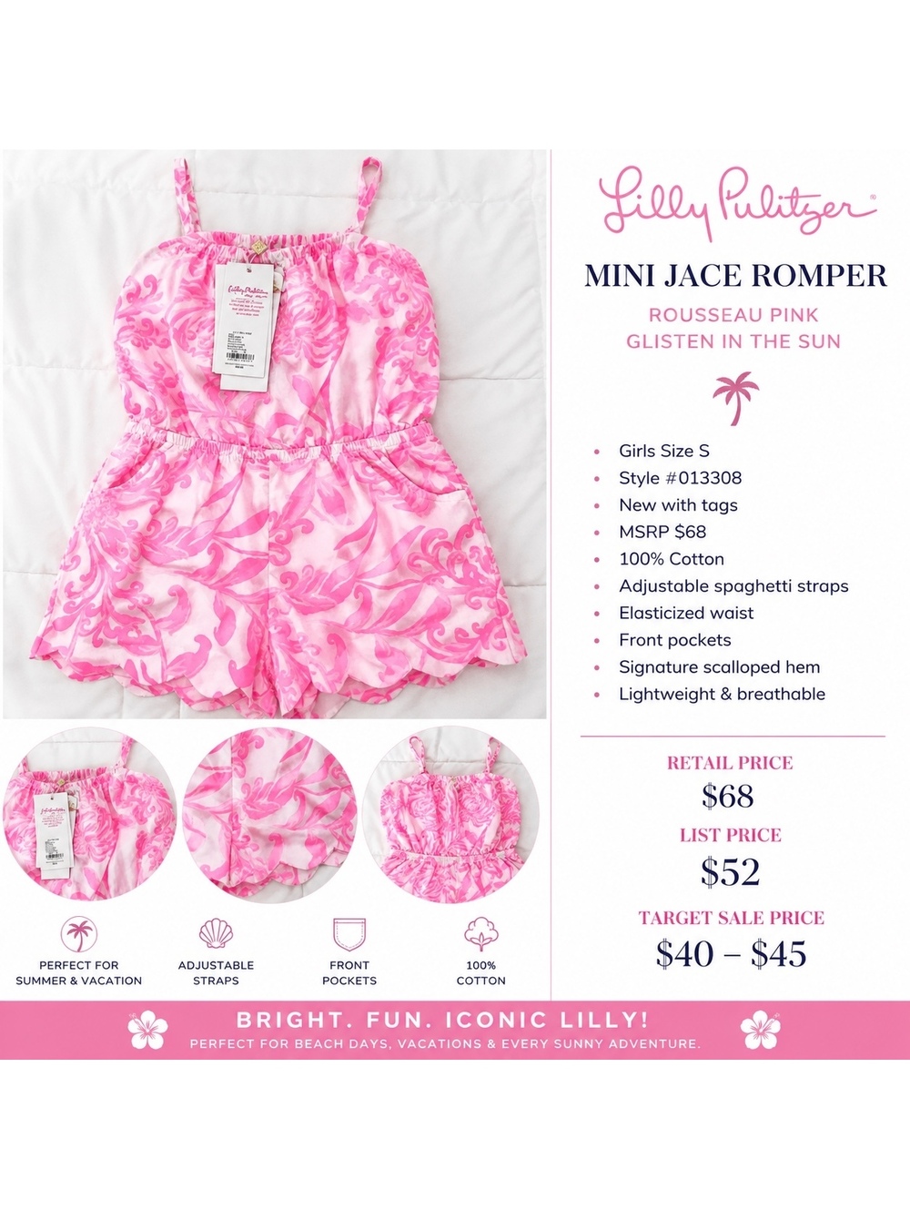 Lilly Pulitzer Mini Jace Romper Rousseau Pink Glisten in the Sun Girls S NWT